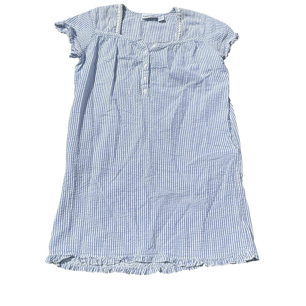 Country Store Sleeveless Blue / White Striped Seersucker Lounge Dress Pockets L